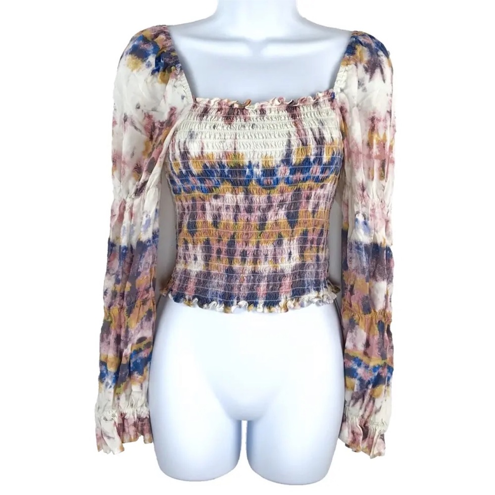 Square Neck Smocked Tie Dye Long Sleeve Boho Hippie Festival Cropped Top Size M